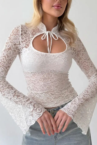 Lace Bell Sleeve Tie Neck Cutout Blouse