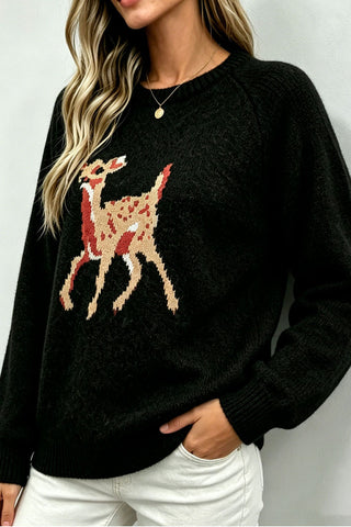 Deer Intarsia Crew Neck Knit Sweater