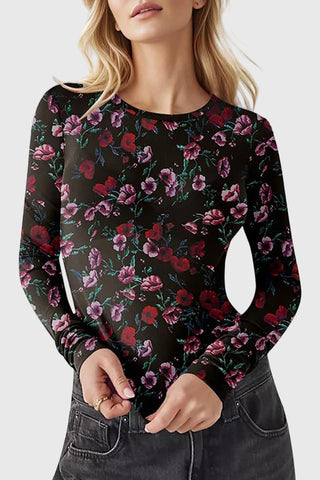 Sheer Floral Print Long Sleeve Blouse