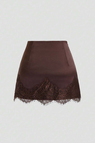 Satin A-Line Mini Skirt with Lace Hem