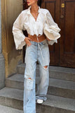 Lace Bell Sleeve Ruffle Collar Crop Blouse