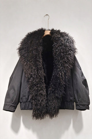 Curly Faux Fur Collar Zip-Up Coat