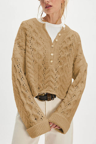 Cable Knit Button-Front V-Neck Sweater
