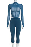 Sheer Mock Neck Crop Top and Capri Pants Set