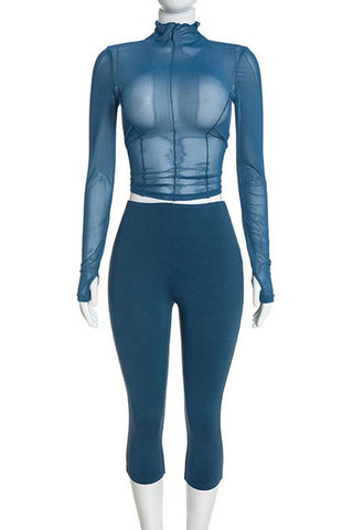 Sheer Mock Neck Crop Top and Capri Pants Set