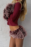 Fuzzy Trim Long Sleeve Crop Top and Mini Skirt Set