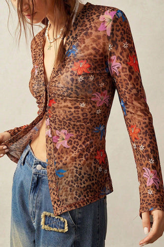 Floral Leopard Print Button-Front Blouse