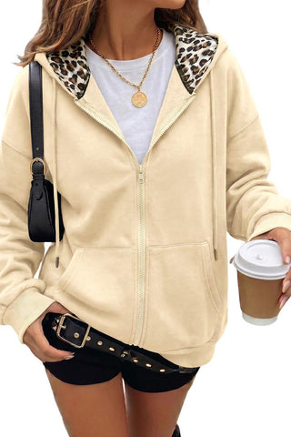 Leopard Detail Zip Front Hoodie