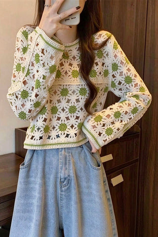 Floral Crochet Hollow Long Sleeve Blouse