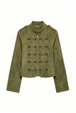 Military Button Mock Neck Cropped Jacket