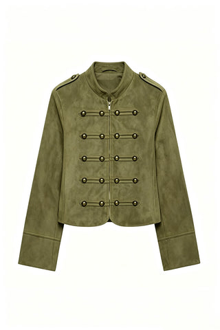 Military Button Mock Neck Cropped Jacket