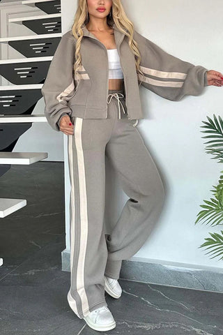 Striped Zip-Up Crop Top and Pants Set