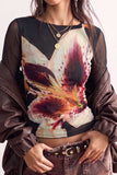 Sheer Mesh Floral Print Long Sleeve Top