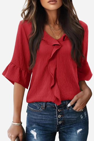Ruffled V-Neck Blouse with Tiered Sleeves