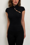 Mandarin Collar Asymmetric Button Top