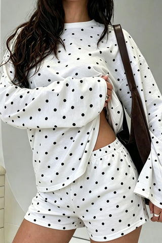 Polka Dot Crew Neck Long Sleeve Short Set