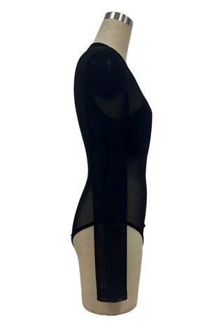 Sheer Mesh Ruched V-Neck Long Sleeve Bodysuit