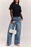 Sheer Lace Sleeve Ruched Crew Neck Top