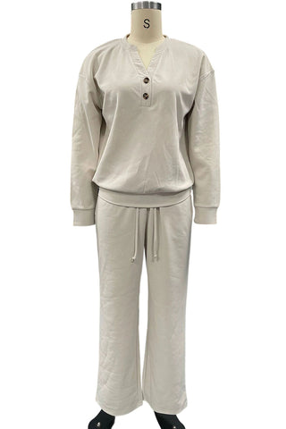 Button Placket Long Sleeve Wide-Leg Pants Set