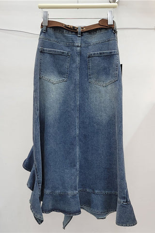 Ruffle Hem Asymmetrical Denim Skirt