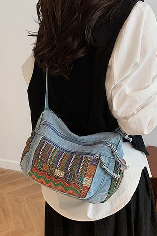 Tasselled Patchwork Drawstring Hobo Bag