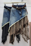 Asymmetric Denim Lace Overlay Midi Skirt