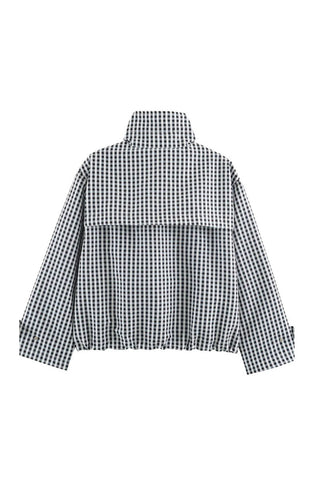 Plaid Drawstring Hem Zip-Up Jacket