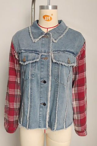 Plaid Sleeve Frayed Denim Jacket