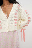 Bow Detail V-Neck Puff Sleeve Cardigan