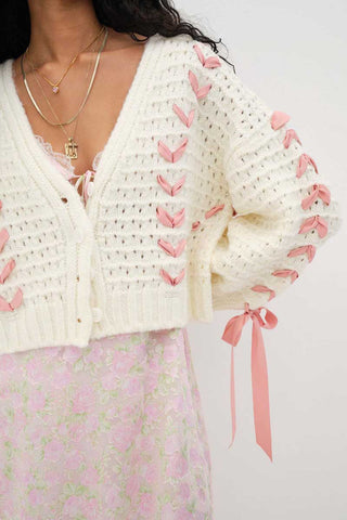 Bow Detail V-Neck Puff Sleeve Cardigan