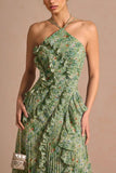 Floral Ruffle Halter Pleated Evening Dress