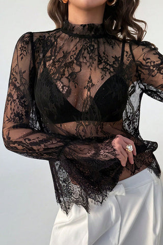 Lace Sheer Bell Sleeve Mock Neck Blouse
