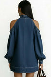 Cold Shoulder Mock Neck Grommet Denim Dress
