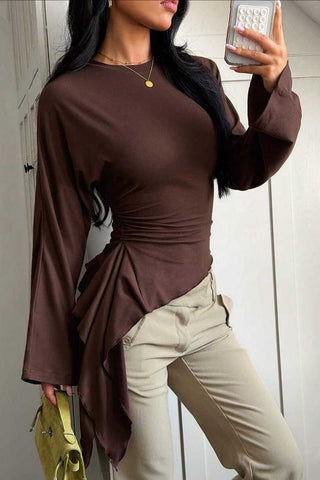 Ruched Side Ruffle Long Sleeve Top