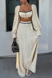 Polka Dot Long Sleeve Square Neck Skirt Set