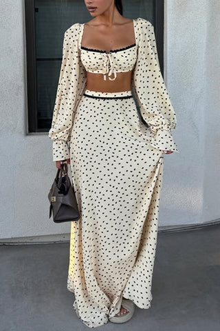 Polka Dot Long Sleeve Square Neck Skirt Set