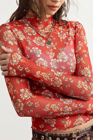 Sheer Floral Mock Neck Long Sleeve Blouse