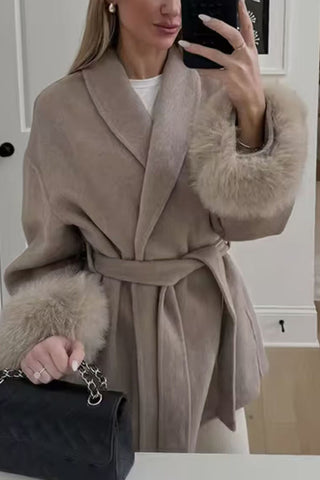 Faux Fur Cuff Wrap Belted Coat