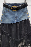 Belted Denim Skirt with Lace Overlay
