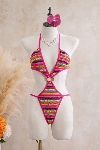 Striped Ring Cutout Halter Swimsuit