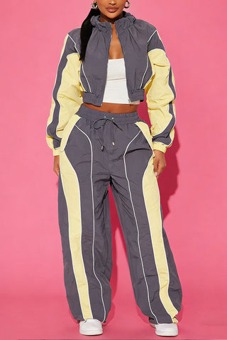 Colorblock Zip-Up Crop Top and Pants Set
