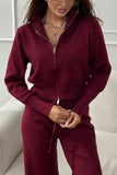 Zip-Front Mock Neck Knit Pants Set