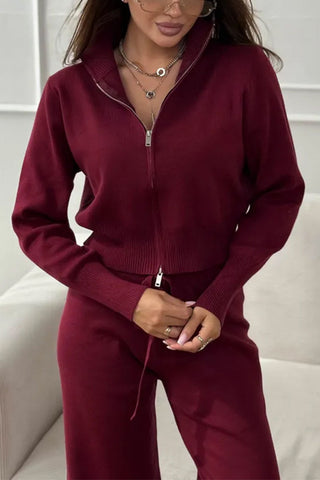 Zip-Front Mock Neck Knit Pants Set