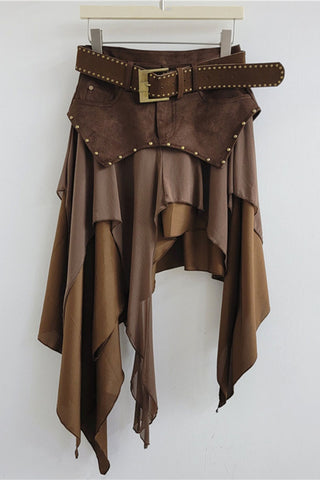 Studded Belt Asymmetrical Ruffle Midi Skirt