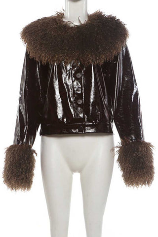 Fuzzy Collar Cropped Button-Front Jacket