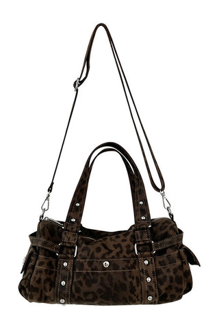 Leopard Print Studded Multi-Pocket Tote Bag