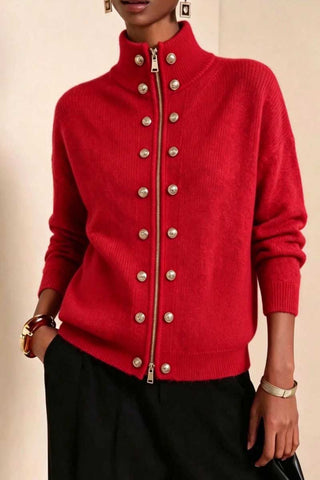 Mock Neck Zip Front Military Cardigan