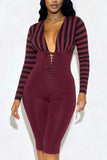 Striped V-Neck Lace-Up Bodycon Romper