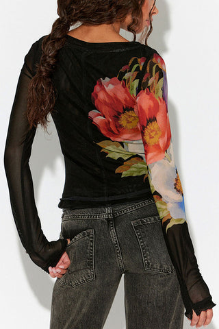 Sheer Mesh Sleeve Floral Print Top