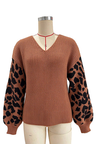 Leopard Sleeve Crew Neck Knit Sweater